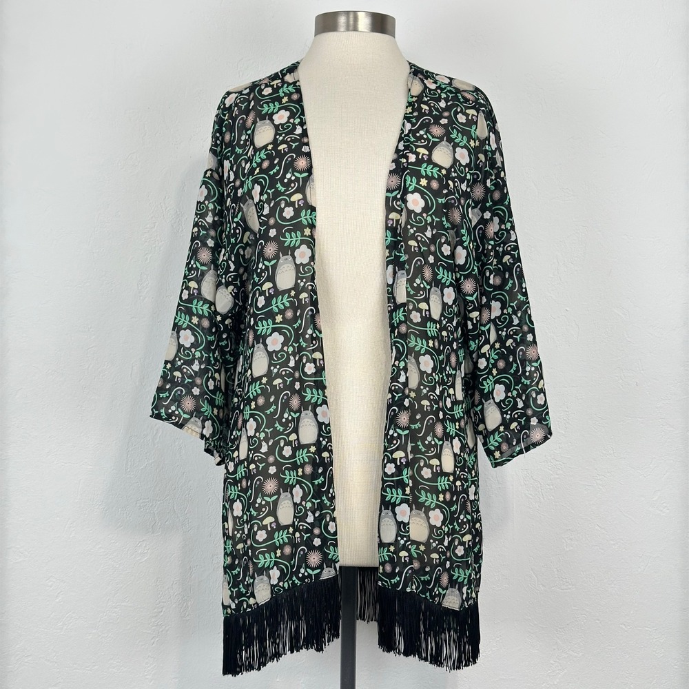 Studio Ghibli Womens My Neighbor Totoro Kimono Size XL Black Fringe Sheer Open